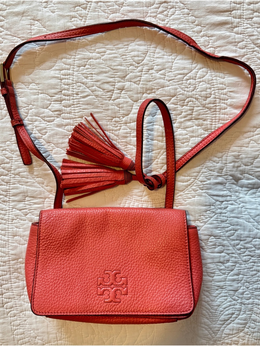 Tory Burch Coral Red Pebbled Leather Crossbody with Tassel